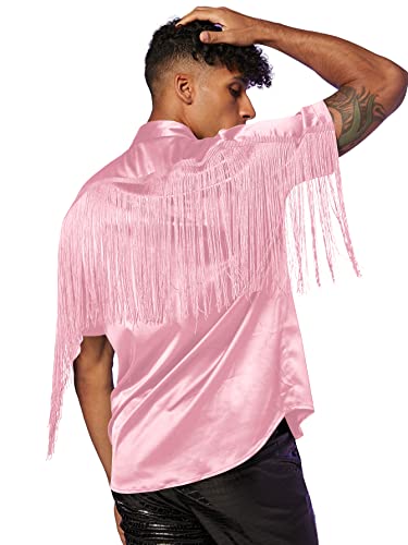 WDIRARA Men's Button Front Short Sleeve Fringe Trim Party Shirt Collar Club Tops