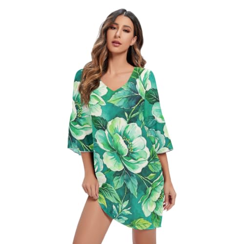 Robe en mousseline fine bleu sarcelle au col V suspendu et finitions premium