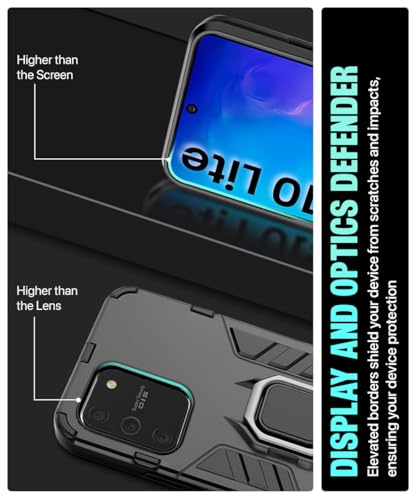 Image of WOW IMAGINE Shock Proof Back Case Mobile Cover for Samsung Galaxy S10 Lite | Back Cover Case (Tough Armor | Hybrid PC + TPU | Ring Holder & in-Built Kickstand | Black)