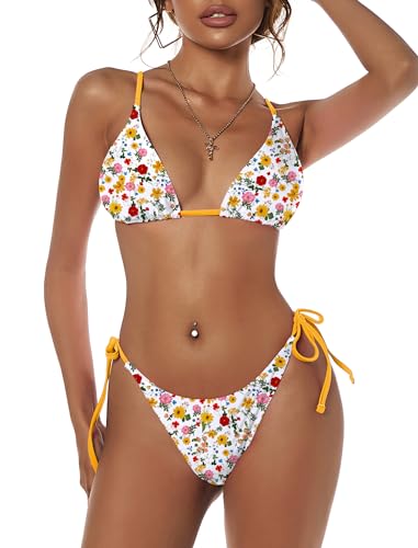 Image of ZAFUL Women's Triangle Bikini Floral String Bikini Set Two Piece Swimsuit Bathing Suits