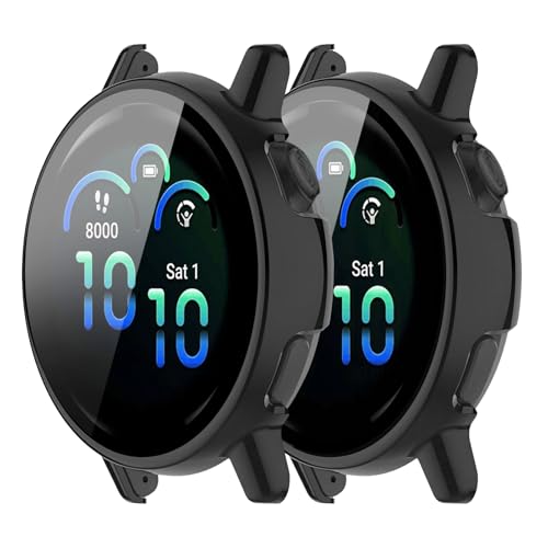 EasEasy 2 Pack Compatible for Garmin Vivoactive 6 Case Full Cover Hard PC Case with Built-in 9H Tempered Glass Protector for Garmin Vivoactive 6 Watch Cover-Black