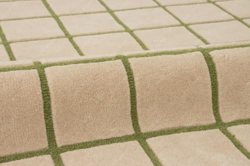 Image of Hand-Tufted Wool Area Rug - 1x1 Ft, Square Beige & Blush Windowpane Grid with Olive Green Lines & Light Lavender Scalloped Border, Soft High-Low Pile Carpet for Living Room, Bedroom & Nursery