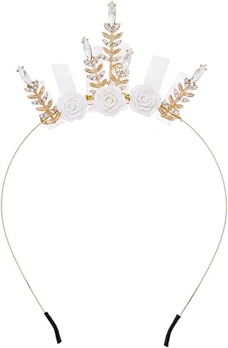 Formery Diadema de corona de hojas de diamantes de imitación, flor dorada, tiara de cristal de cuarzo blanco, boda, fiesta, festival, hojas hechas a