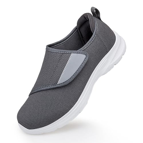 Topwolve Zapatillas deportivas para hombre, ligeras, transpirables, fáciles de cerrar, ortopédicas, ajustables, para pies hinchados, fascitis plantar, gris, 42 2/3 EU