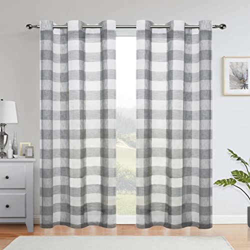 Buffalo Plaid Checkered Grey And White 84 Inches Long Linen Sheer Window Curtain Panels, Gingham Grommet Top Rustic Farmhouse Window Treatment Drapes, For Bedroom & Living Room, 2 Panels,40"X84", Gray #TOP21