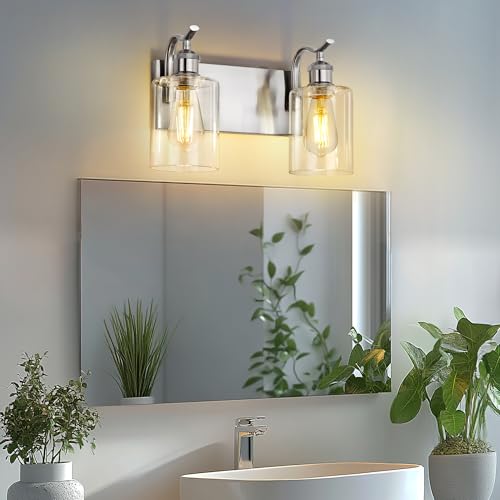 Image of 2-Light Bathroom Vanity Light, Brushed Nickel Wall Sconce, Modern Bathroom Light with Clear Glass, VL01BN-2