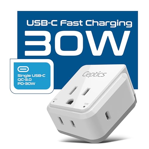 Image of Ceptics UK, Hong Kong, Travel Plug Adapter Set, Safe Grounded USB-C 30W PD & QC 3.0-2 USA Socket - Compact & Powerful - Ireland, England, Dubai, Saudi Arabia - Includes Type G Swadapt Attachments