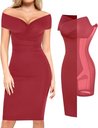 Image of Popilush Women's Shapewear Midi Dress Off Shoulder Wrap V Neck Formal Wedding Guest Cocktail Dresses Bodycon Evening Gowns