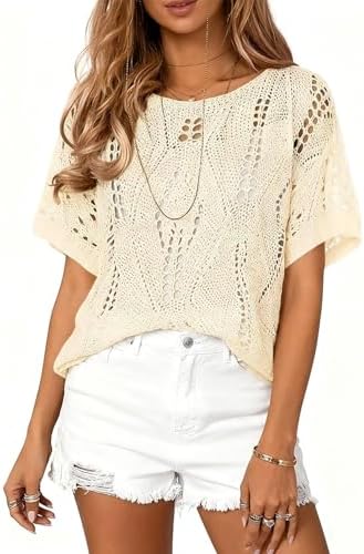 Eytino Women's Plus Size Crochet Hollow Out Half Sleeve Summer Sweater