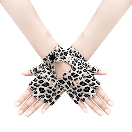 1 Pair of Leopard Half Finger PU Leather Dance Gloves Heart Cutout Punk Fingerless Gloves for Halloween Costume Dress Up