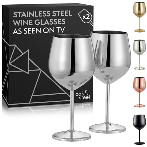 Oak & Steel - 2 Silver Stainless Steel Wine Glasses (18 Oz) Unbreakable Metal Wine Glasses, Wine Goblets with Gift Box for House Warming, Valentines, Anniversary