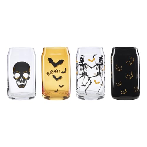 Oneida Barware Vintro Halloween Can Cooler Glasses Set of 4 Dishwasher Safe Made of Glass Spooky Drinking Glasses Set Halloween Decor Indoor Skeletons and Bats Design (4 Piece 16 Oz Capacity)