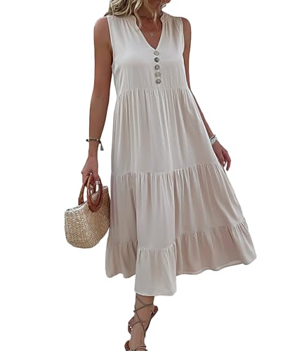 HYUET Sommer Maxikleid Sommerkleid für Damen ohne Ärmel, V-Ausschnitt, Leichtes und Elegantes A-Linien Kleid, Perfekt für Strand, Urlaub und Sommer