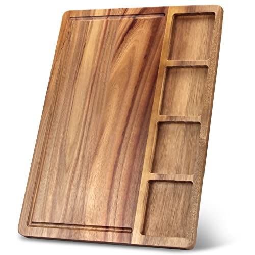 Large Acacia Wood Cutting Board Countertop with 4 Built-in Compartments Cheese Platter Wooden Charcuterie Tray Fruit Charcuterie Board Meats Butcher Chopping Block Appetizer Serving Boards