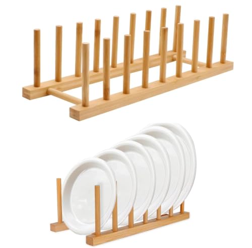 Image of CURATED CART Wooden Plate Organiser for Kitchen | Plate Stand Rack for Decor | Cabinet Plate Holder | 8 Adjustable Slots for Plates, Cup, Bowl & Dish Storage | Bamboo Wood c | Pack of 2