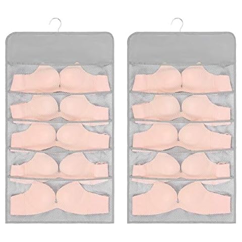 Livememory Bra Organizer for Closet, Hanging Bra Organizer Dual Sided Bra Storage Organizer 10 Pockets, Oxford Cloth & Rotating Hanger Cover