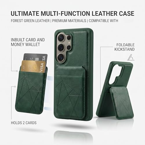 Image of amazon basics Premium Vegan Leather Back Cover with Card Holder and Integrated Mobile Stand for Samsung Galaxy S26 Ultra 5G - Slim Shockproof Wallet Case with Geometric Stitching [Green]