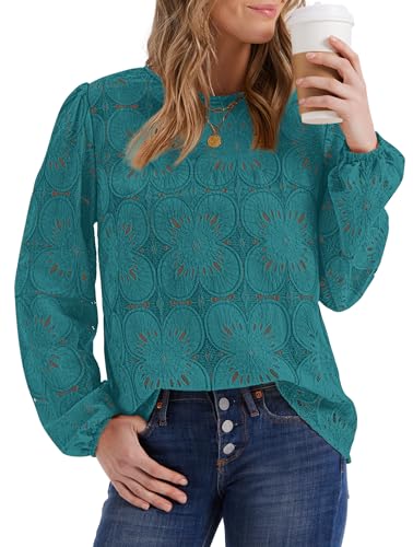 Image of OFEEFAN Blouses for Women Dressy Casual Spring Tops 2026 Summer Outfits Flower Lace Crochet Long Sleeve Shirts