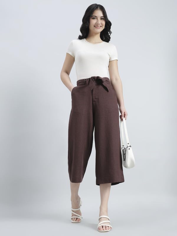 Image of GO COLORS Solid Linen Culottes for Women | High Rise, Side Pockets, Front tie-up