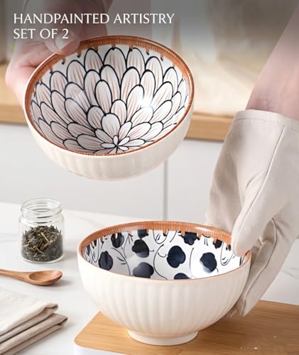 Image of yomith Ceramic Rice Bowls Set of 4, 300ml Japanese Bowls for Rice, Soup, Cereal, Dessert, Microwave & Dishwasher Safe, Blue Floral Series