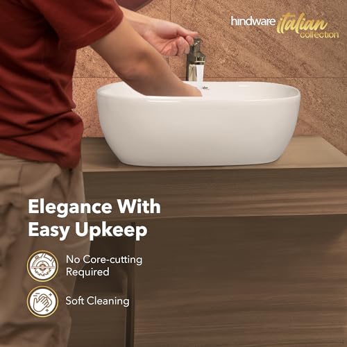 Image of Hindware Italian Collection Amazon Mini Table Top Wash Basin for Bathroom | Made of Ceramic | Star White | Square Shape | Over the Counter Basin