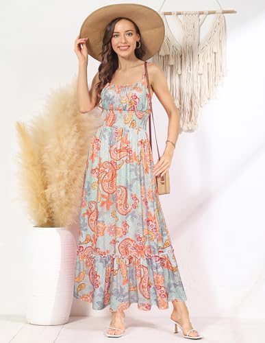 Image of GRACE KARIN Summer Dresses for Women 2026 Vacation,Smocked Floral Maxi Dress,Boho Beach Sundress with Pocket Fashion Clothing