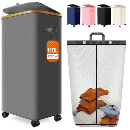 Image of Laundry Hamper with Wheels, 110L Large Clothes Hamper with Removable Inner Bag, Collapsible Dirty Clothes Basket for Dorm, Rolling Dirty Clothes Basket for, Bedroom, Bathroom, Laundry Room