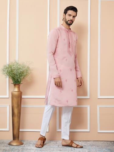 Image of See Designs Men's Long Sleeve Mandarin Collar Side Slit Off-White Embroidered Chanderi Silk Straight Kurta