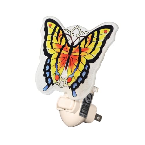 Image of Butterfly Night Light Plug into Wall - Made with Real Glass, Stained Glass Styled Nightlight for Hallway, Nursery, Bedroom, Bathroom, Kitchen, Stairway - Nature Inspired Accent Home Decor-Red Orange