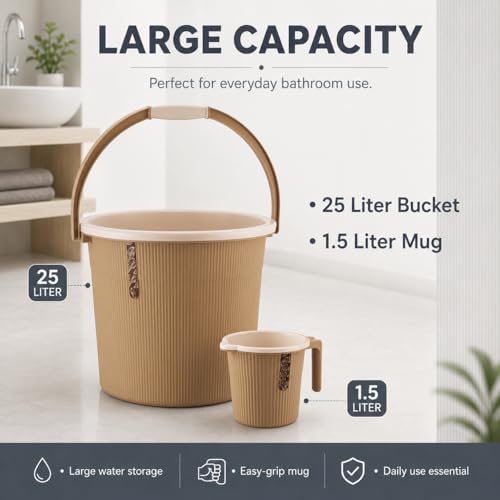 Image of Plastic Bathroom Set with Mug Patla /Stool | Bath Accessory Set (25 Liter Bucket+ 1 Liter Mug+Big Stool) (Light Brown)