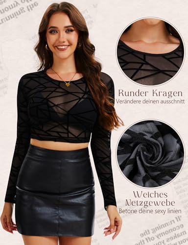 Kiiwah Mesh Oberteil Damen Langarm Crop T-Shirt Sexy Durchsichtiges Oberteil Schwarz Transparentes Bluse Top Netzoberteil Festival Oberteile Rave Outfit Tunika Clubwear