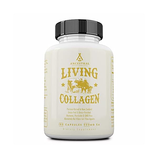 Ancestral-Supplements-Grass-Fed-Living-CollagenSupports-Joints-Marrow-Bones-Cartilage-Skin-Hair-Nails-180-Capsules Ancestral Supplements Grass Fed Beef Living Collagen Nutritional Powder Supplement, 3000mg, Promotes Healthier, Younger Looking Skin, Hair, Nails and Joints, Types I,II,III,V, and X, 180 Capsules