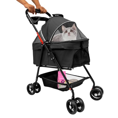 Foldable Pet Cart w/Cover, 4 Wheels Carrier Strolling Cart Puppy Carrier for Cats and Dogs, Storage Basket for Small/Medium Pet, Waterproof Pad, Car Seat, Sun Shade (Black)