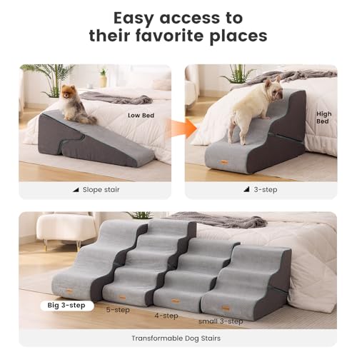 Image of Gardner Pet Dog Stairs for Small Dogs 22.4 inch H, Large 2 in 1 Transformable 3-Step Pet Stairs and ramp, Dog Steps for High Bed (22-27 inch) with Non-Slip Waterproof Cover CertiPUR-US Certified Foam, Grey
