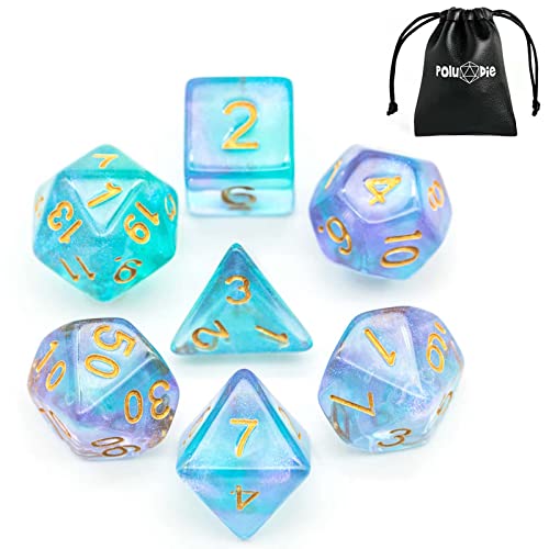 Poludie Juego de dados poliédricos DND de 7 troqueles con una bolsa de dados de cuero, juego de dados D&D para Dungeons and Dragons, RPG, juegos de mesa MTG (morado cian/purpurina)