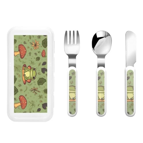 Stainless Steel Kids Silverware Set, Frogs And Mushrooms Utensil Set Reusable Children Safe Knife Spoon Fork Set With Storage Case Dishwasher Safe For Lunch, Travel Outdoors