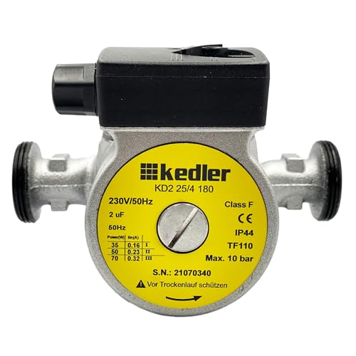 Preisvergleich Produktbild Kedler - Umwälzpumpe, Heizungspumpe 25-40, Förderhöhe 4m, Betriebsdruck 10 Bar, Schutzklasse IP44, Einbaulänge 180mm, 3 Schaltstufen, Motorwelle ist aus Edelstahl - Gelb