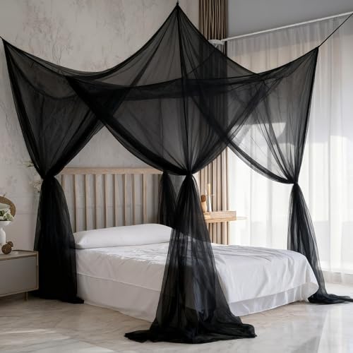 lazyzzz Bed Canopy, Black Canopy Bed Curtains Bed Drapes Mosquito Net for Queen Size Bed, Bedroom...