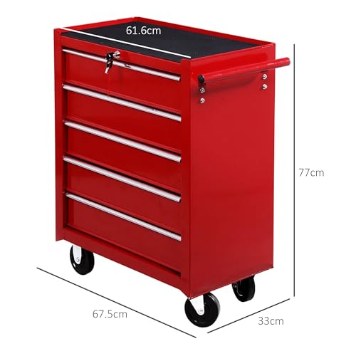 HOMCOM 5 Drawer Tool Box, Lockable Steel Tool Chest on Wheels, Rolling Chest Cabinet with 5 Drawers and Handle for Workshop, Garage, Red 3 HOMCOM 5 Drawer Tool Box, Lockable Steel Tool Chest on Wheels, Rolling Chest Cabinet with 5 Drawers and Handle for Workshop, Garage, Red - Image 3
