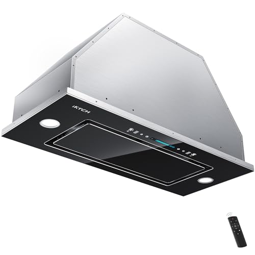 Image of IKTCH 30 inch Range Hood Insert, 900 CFM Convertible Vent Hood with 4-Speed Fan, Black Stainless Steel & Tempered Glass, Gesture Control & Touch Panel