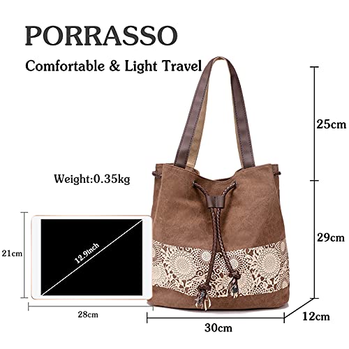 Image of Women Shoulder Bag Canvas Tote Bag Retro Drawstring Bucket Bag Ladies