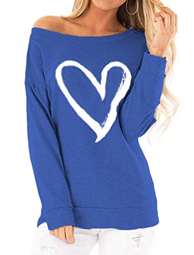 Locryz Womens Off Shoulder Tunic Sweatshirt Long Sleeve Graphic Printed Shirts Slouchy Pullovers XL Blue