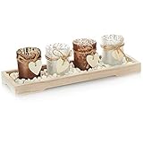 SCHÖNES DESIGN: Das Teelichthalter-Set mit Holz-Tablett, weißen Steinchen, 4 Teelichtgläsern und Holzherzen ist sehr dekorativ und ein Hingucker in jedem Zuhause!