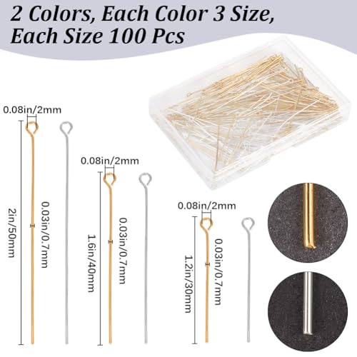 SOFPLATE 600Pcs 30mm 40mm 50mm Long Eye Pins Bulk Jewellery Making Supplies Silver & Gold 21 Gauge Brass Eye Straight Long Pins Finding for DIY Earring Bracelet Crafting Accessories - Image 2