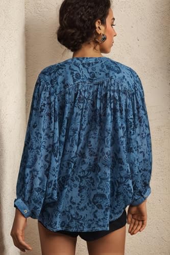 D-Sun Women Printed Shirts Button Down Blouses Long Sleeve Crewneck Lantern Batwing Casual Chiffon Dressy Loose Tops2