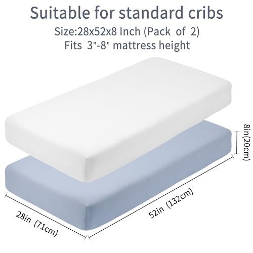 Crib Sheets for Boys Girls,100% Cotton Fitted Crib Sheet 2 Pack for Standard Crib and Toddler Mattress, Super Soft Breathable Baby Sheet 28x52x8in (White & Gray)