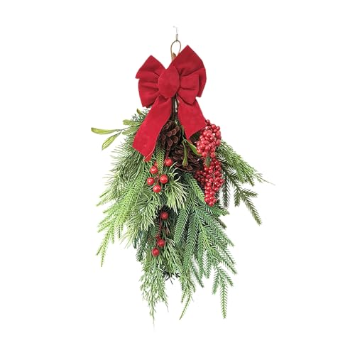 MISNODE Christmas Teardrop Swag, Artificial Teardrop Decorative Hanging Swags with Pines Red Berries, Faux Pine Needles Teardrop Door Swag, Christmas Greenery Teardrop Wreath