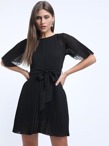Image of Tokyo Talkies Women's Elegant A-Line Dress with Belt & Pleated Dress- Sophisticated Full-Sleeve Style for Any Occasion