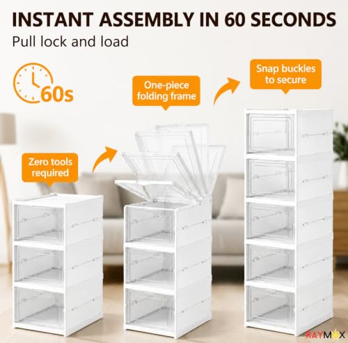 Image of RAYMOX 3 Tier Collapsible Shoe Rack with Door | Heavy Duty Plastic Sneaker Crates | Transparent Shoe Boxes | Sneaker Shoe Stand | Organiser for Heels, Boots, Loafers, Slippers