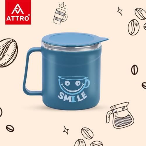 Image of ATTRO Happy Mug Set of 6-Comes with Double Wall Inner Stainless Still & Lid Stylish Cup Ideal for Hot Coffee, Tea - 300ml-Blue